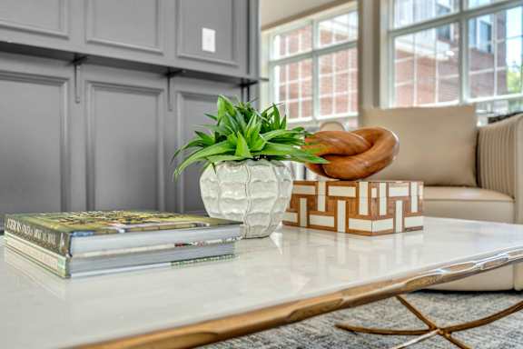 A white table with a plant, books, and a box on it.
