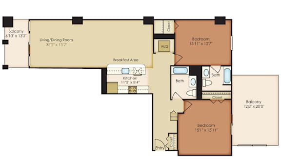 A floor plan of a house with a living room, two bedrooms, a bathroom, a kitchen, and a breakfast area.