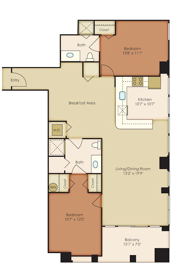 A floor plan of an apartment with two bedrooms, a living room, a kitchen, a breakfast area, a balcony, and a bathroom.