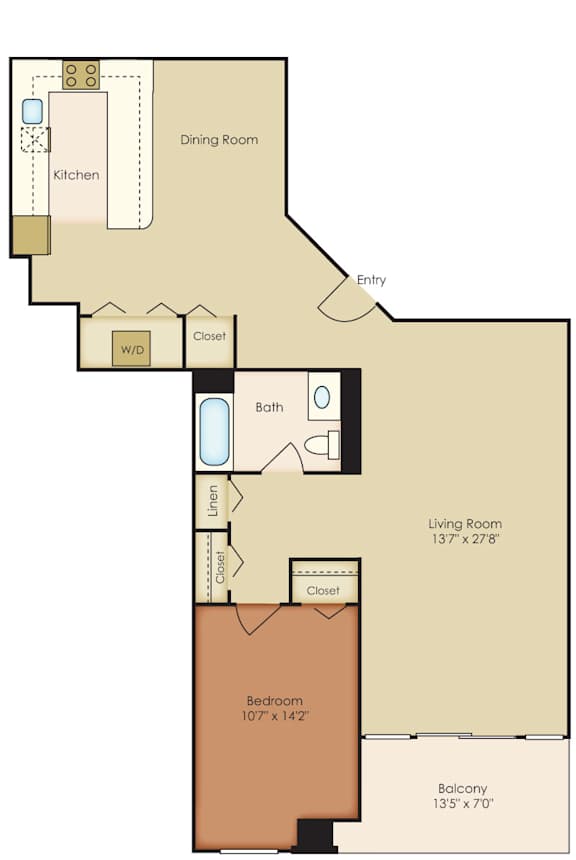 A floor plan of a home showing a living room, dining room, kitchen, and two bathrooms.