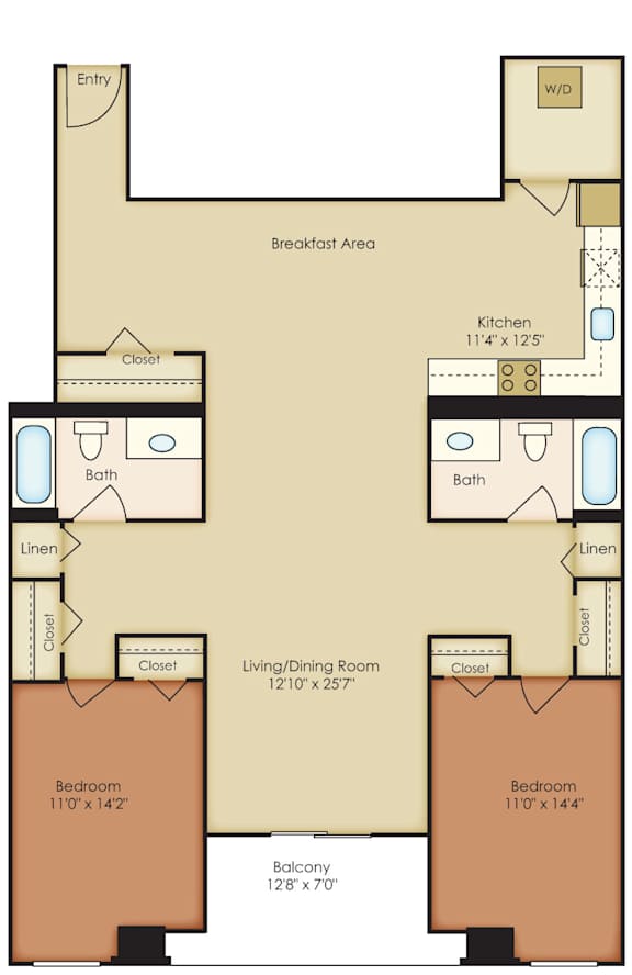 A floor plan of a home with two bedrooms, a living/dining room, kitchen, bath, and balcony.