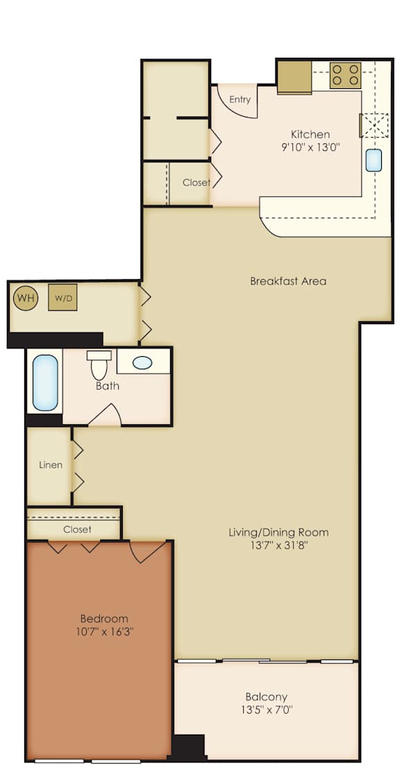 A floor plan of a home showing a kitchen, breakfast area, living/dining room, bedroom, and balcony.