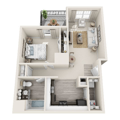 a floor plan of a studio apartment with a bedroom and living room at Meridian Obici, Suffolk, 23434