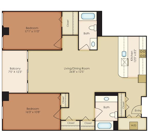A floor plan of a house with two bedrooms, a living/dining room, a balcony, and a kitchen.