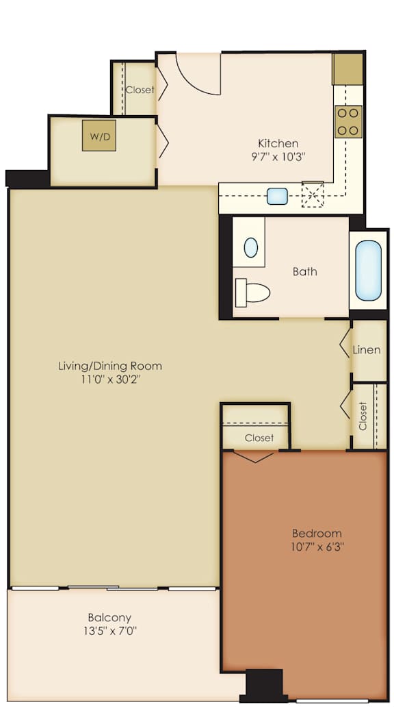 A floor plan of a room with a kitchen, living room, and bathroom.