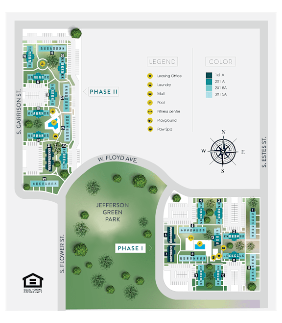A map shows a layout of a neighborhood with a legend indicating the colors for different types of properties at The Ranch at Bear Creek Apartments, Colorado