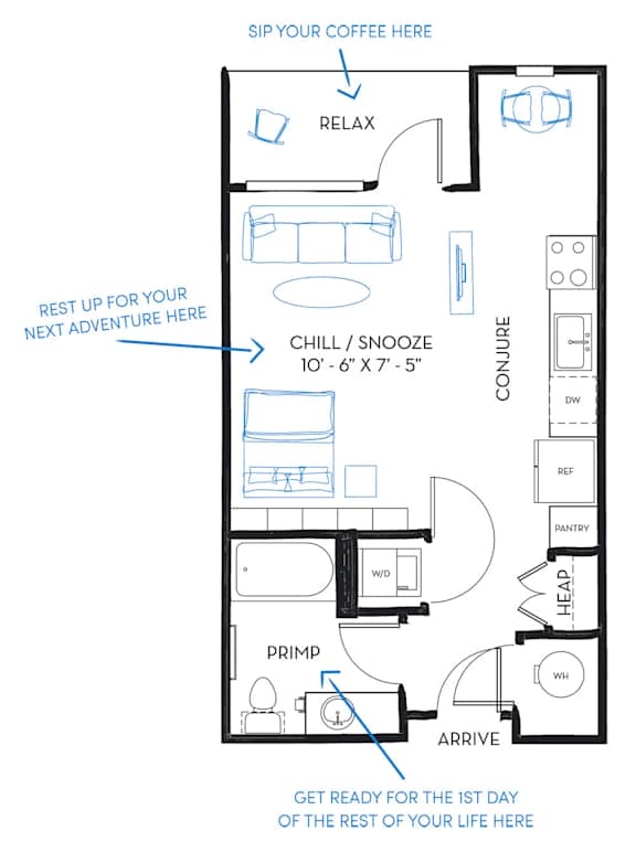 Floor Plan  A floor plan of a camper with a kitchen, living room, and sleeping area.
