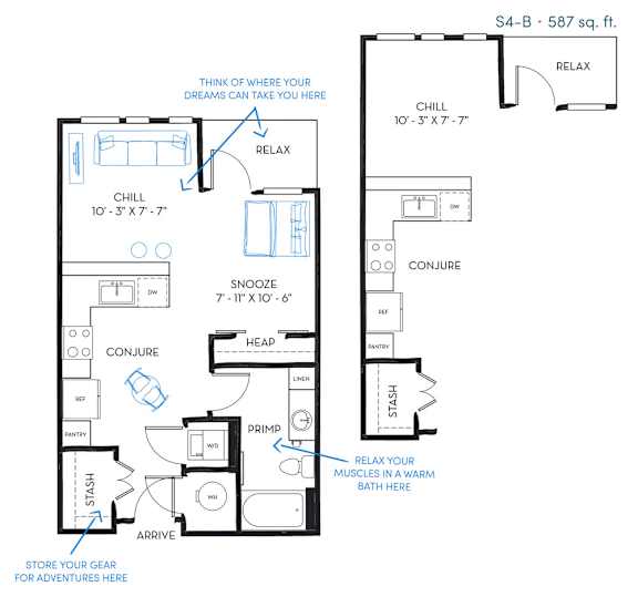 Floor Plan  A floor plan of a one bedroom, one bathroom apartment.