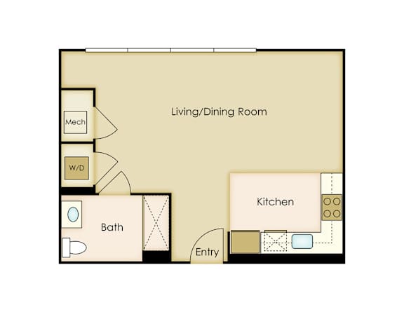 A floor plan of a living/dining room with a kitchen and bath.