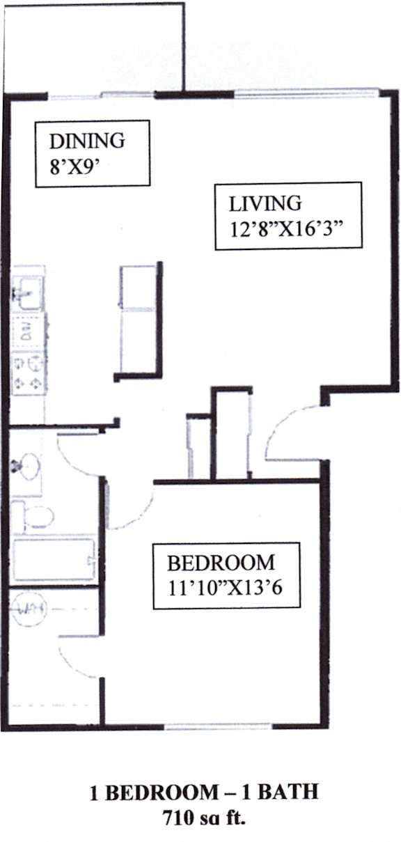 A floor plan of a one bedroom apartment with a living room, dining area and a bathroom.