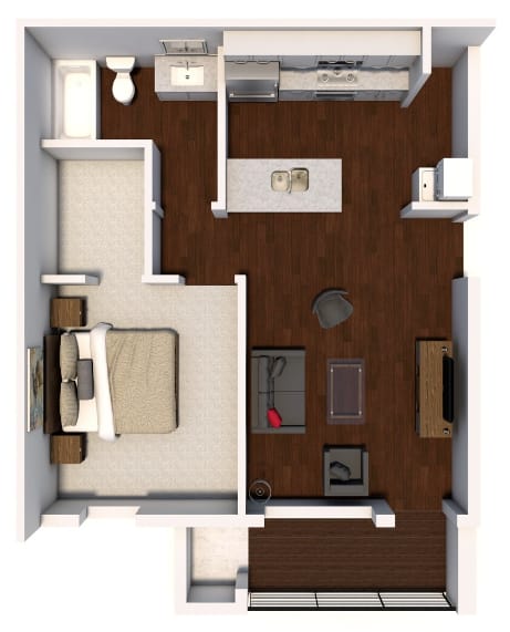A 3D floor plan of a small apartment with a bedroom, living room, and kitchen.