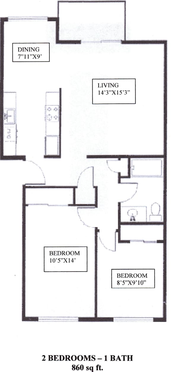A floor plan of a two bedroom apartment with one bathroom.