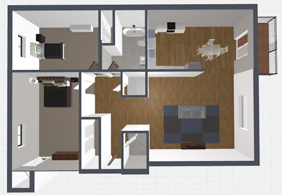 A floor plan of a house with a kitchen, living room, and bathroom.