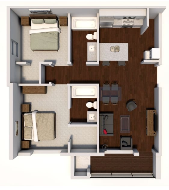 A 3D rendered image of a small apartment layout.