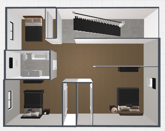 A 3D floor plan of a house with a kitchen, living room, and two bedrooms.