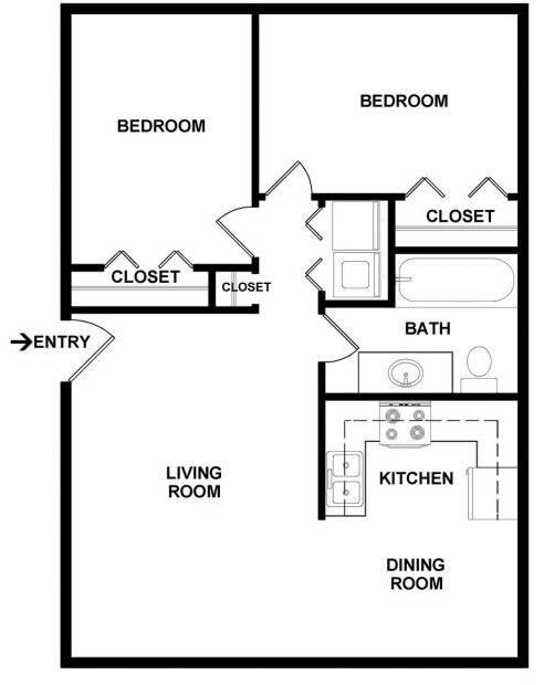 a floor plan of a two bedroom one bathroom apartment