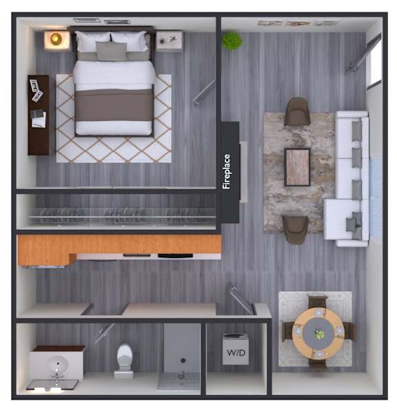 A 3D rendered image of a bedroom with a bed, desk, and fireplace.