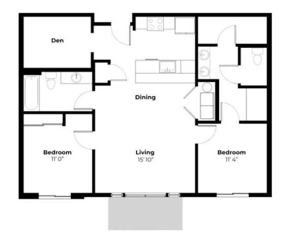 A floor plan of a house with a den, two bedrooms, and a living area.