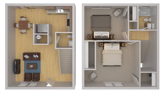 Two images of a dollhouse interior with furniture and appliances.