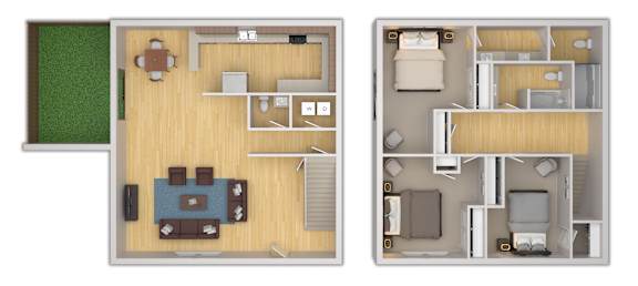 Two images of a house layout with a living room, kitchen, and bedrooms.