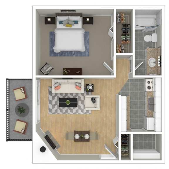 A floor plan of a small apartment with a bedroom, living room, and bathroom.