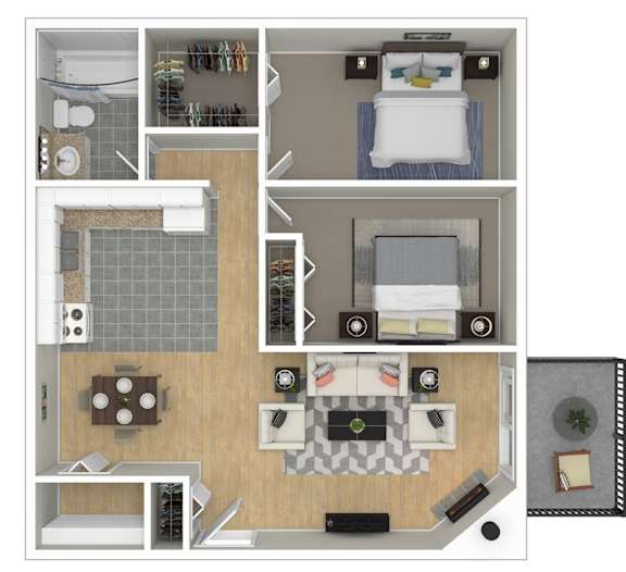 A top-down view of a small apartment layout with a kitchen, living room, and bedroom.