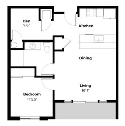 A floor plan of a small apartment with a den, kitchen, dining area, and a bedroom.