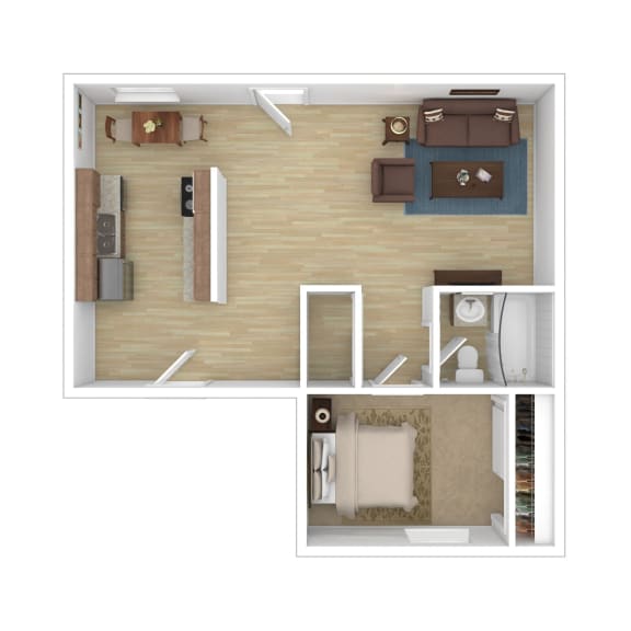 a bedroom with a bed and a chair in a room