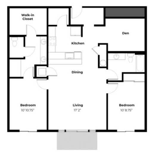 A floor plan of a home with a living room, two bedrooms, a kitchen, a dining room, and a walk-in closet.
