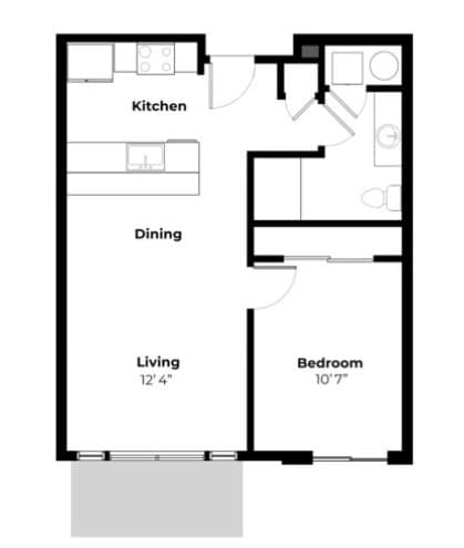 A floor plan of a small apartment with a kitchen, dining area, living room, and bedroom.