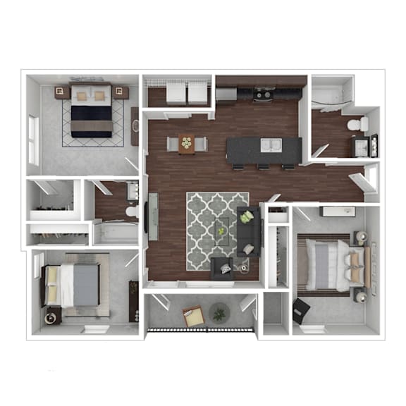 A top-down view of a house layout with a living room, kitchen, dining area, and bedrooms.