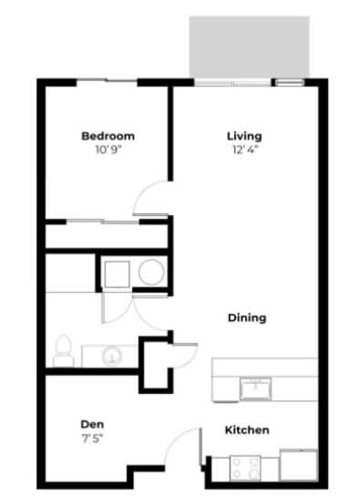 A floor plan of a small apartment with a bedroom, living room, kitchen, dining room, and den.