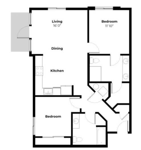 A black and white image of a house floor plan with a living room, dining room, kitchen, and three bedrooms.