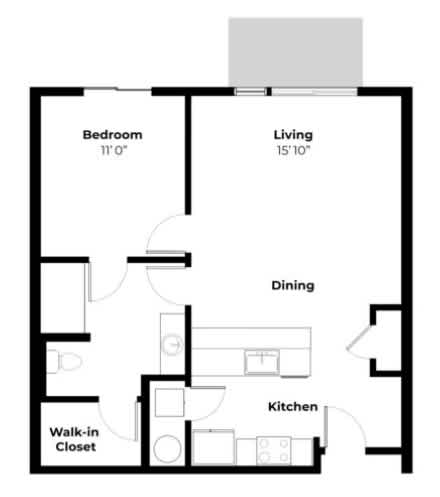 A floor plan of a small apartment with a bedroom, living room, kitchen, dining area, and a walk-in closet.