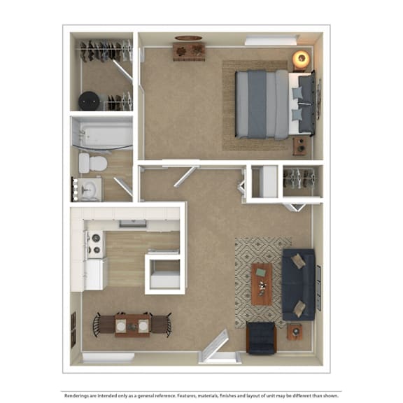 A floor plan of a small apartment with a kitchen, living room, and bathroom.