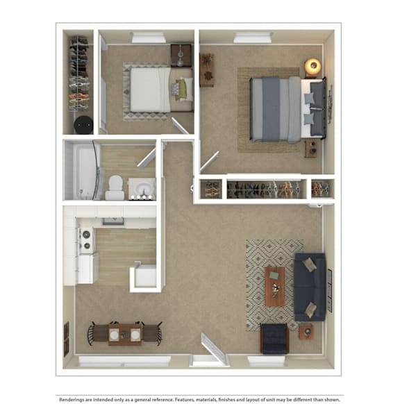 A floor plan of a small apartment with a kitchen, living room, and bathroom.
