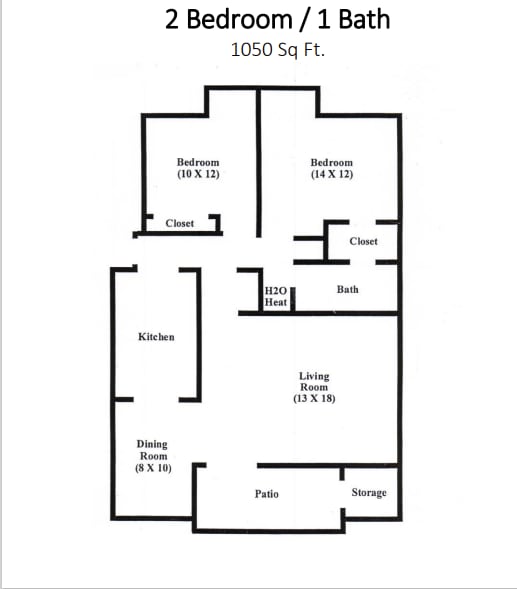 A floor plan of a 1050 square foot home with two bedrooms, one bath, and a kitchen.