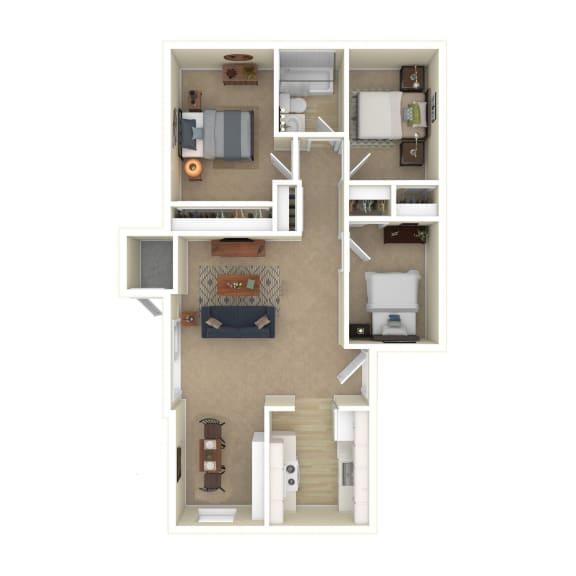 a floor plan of a furnished  three bedroom home