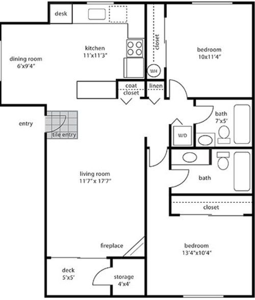 A floor plan of a house with a living room, dining room, kitchen, and two bedrooms.
