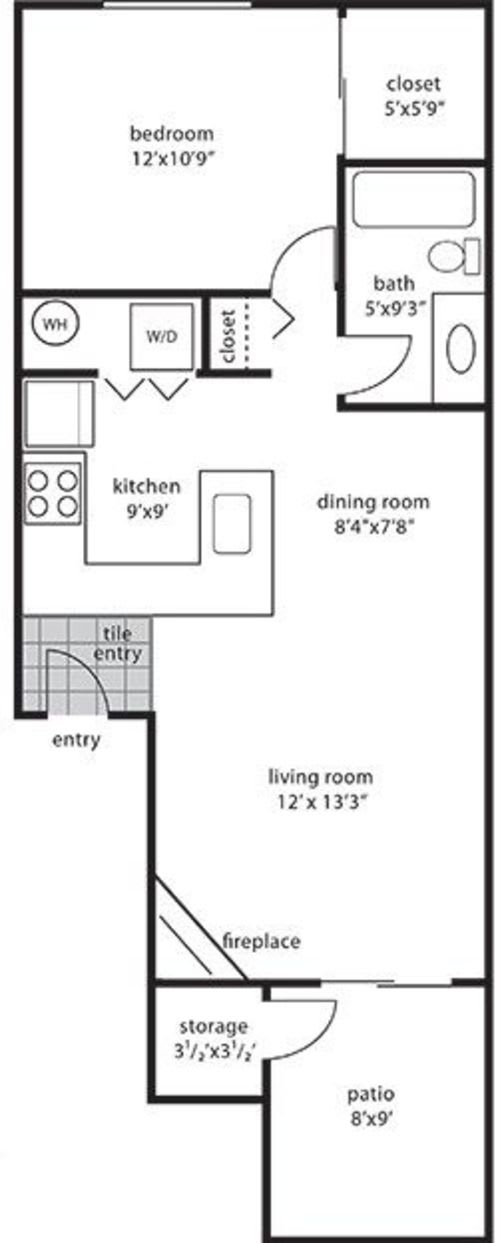 A floor plan of a house with a living room, dining room, kitchen, bedroom, and bathroom.