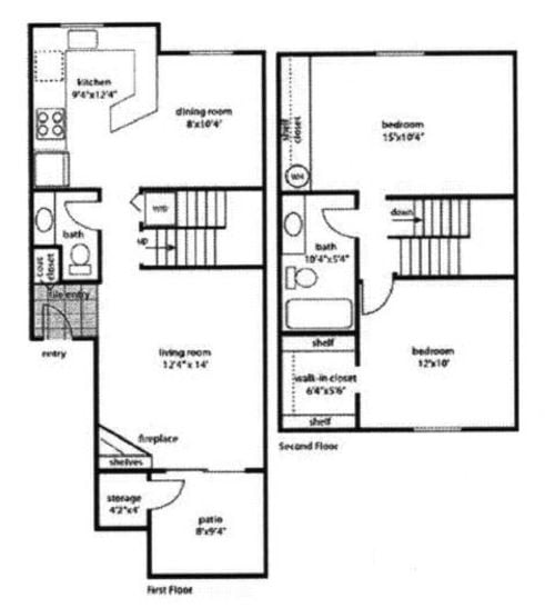 A black and white floor plan of a two-story house with labeled rooms and dimensions.