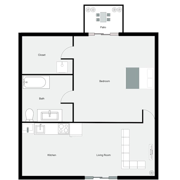 A floor plan of a house with a patio, closet, bath, kitchen, living room, and bedroom.