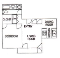 One bedroom one bathroom floorplan at Hampton Park Apartments, Oregon