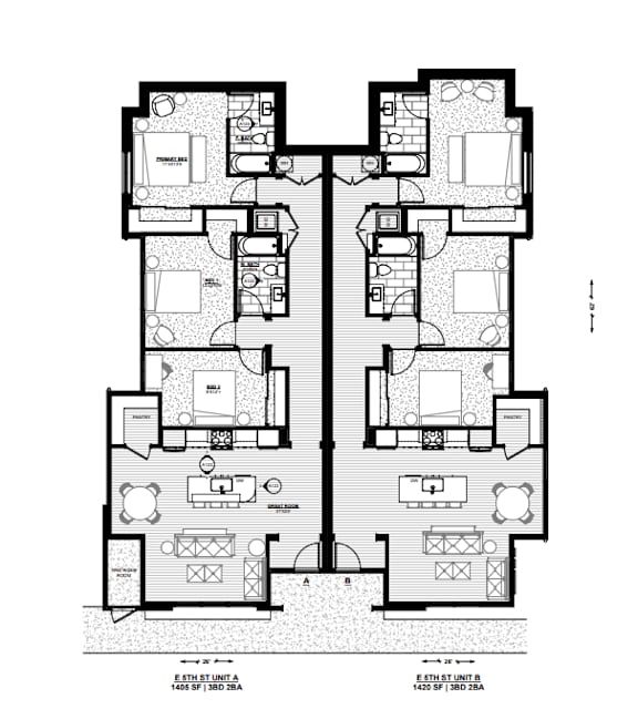 A black and white image of a floor plan for an apartment building.