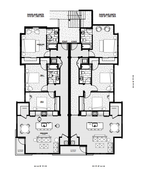 A black and white image of a floor plan for Davis Apartments.