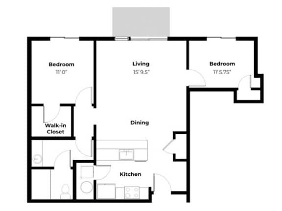 A black and white image of a house floor plan with a living room, two bedrooms, a dining room, a kitchen, and a walk-in closet.