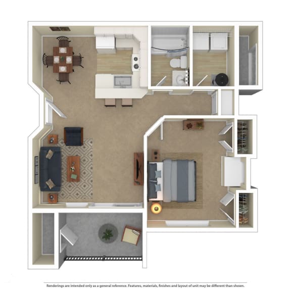 the floor plan of a furnished one bedroom apartment