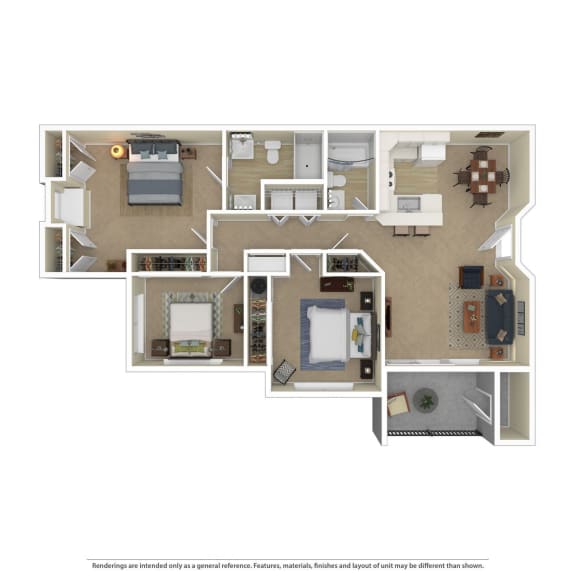 the floor plan of a furnished three bedroom apartment