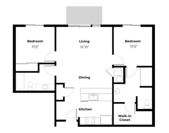 A floor plan of a house with a living room, two bedrooms, a dining room, a kitchen, and a walk-in closet.