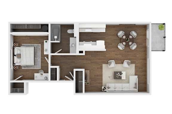A top-down view of a modern apartment layout with a kitchen, living room, and bathroom.